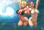 2girls arms_up bikini blonde_hair blue_eyes brown_eyes brown_hair cleavage fang hair multiple_girls original pointy_ears sea short_hair side_ponytail sling_bikini swimsuit waves yasumori_zen