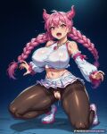1girl 1girl 1girl ahoge artist_name ass_visible_through_thighs bare_shoulders big_breasts black_pantyhose blush braid breasts brown_pantyhose clothing covered_nipples crop_top demon_girl demon_horns detached_sleeves ear_piercing earrings fangs fingernails footwear full_body gold_necklace hair_between_eyes heart_necklace highleg highleg_panties horns jewelry kneel legwear long_hair long_sleeves looking_at_viewer low_twin_braids midriff miniskirt mosaic_censoring navel necklace no_panties open_mouth panties panty_straps pantyhose piercing pink_eyes pink_hair pink_nails pink_panties pleated_skirt pussy pussy pussy_juice pussy_juice_trail saliva shirt shoes skirt sleeveless squatting sweat teeth thick_thighs thighband_pantyhose thighs torn_clothes torn_pantyhose twin_braids underwear waifuai_studio web_address white_footwear white_shirt white_skirt white_sleeves
