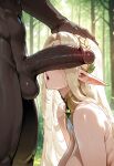 1boy1girl 1girl ai_generated blonde_hair cerestia_of_life curvy curvy_female curvy_figure dark-skinned_male dark_skin elf elf_ears erect_penis forest last_origin long_hair nude penis_awe penis_on_face