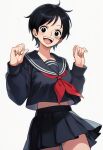 1girl ai_generated black_eyes black_hair black_sailor_collar black_serafuku black_skirt breasts cowboy_shot hands_up long_sleeves looking_at_viewer luffyko midriff midriff_peek monkey_d._luffy neckerchief one_piece open_mouth pleated_skirt red_neckerchief sailor_collar school_uniform serafuku short_hair skirt smile trewg001