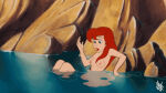 1girl 1girl 2026 blue_eyes breasts disney disney_princess edit eyebrows eyelashes female_only lipstick nude nude_female princess_ariel red_hair screenshot_edit sitting the_little_mermaid wet wet_body