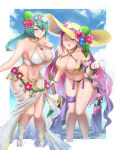 1girl 2_girls abs acoustic_guitar alluring alternate_costume bangs bare_shoulders bead_bracelet beads big_breasts bikini blush bracelet braid braided_ponytail burnt_green_tea circlet cleavage cloud cloudy_sky female_only fingernails fire_emblem fire_emblem_heroes flower gem gold_trim guitar hair_flower hair_ornament hat high_res instrument intelligent_systems jewelry linea_alba lips loki_(fire_emblem) long_hair looking_at_viewer multiple_females multiple_girls musical_instrument navel nintendo ocean official_alternate_costume one_eye_closed open_mouth purple_bikini purple_eyes purple_hair purple_nails sandals sarong see-through shell_hair_ornament siblings single_braid sisters sky smile stomach straw_hat sunlight swimsuit tassel teal_hair thorr_(fire_emblem) ukulele water white_bikini white_sarong yellow_eyes