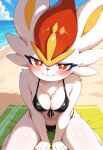 1girl 1girl ai_generated anthro artist_request beach bedroom_eyes bikini black_bikini black_clothing black_swimwear blush breasts cinderace clothing fur generation_8_pokemon high_res looking_at_viewer medium_breasts narrowed_eyes nintendo pokemon pokemon_(species) red_eyes seaside seductive swimwear white_body white_fur