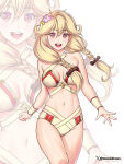 1girl alluring alternate_costume bikini blonde_hair bow braid brown_bow brown_eyes commentary commission english_commentary etchimune faye_(fire_emblem) fire_emblem fire_emblem_echoes:_shadows_of_valentia fire_emblem_warriors flower hair_bow hair_flower hair_ornament intelligent_systems light_blush long_hair looking_at_viewer medium_breasts multi-strapped_bikini_bottom multi-strapped_bikini_top navel nintendo open_mouth pink_bikini pink_flower smile swimsuit twin_braids twitter_username zoom_layer
