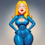american_dad breasts cameltoe erect_nipples_under_clothes francine_smith latex_bodysuit looking_at_viewer thighs
