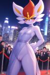 1girl ai_generated anthro artist_name cinderace crowd curvy_female dress generation_8_pokemon jewelry night no_panties orange_eyes pokemon pokemon_(species) pussy see-through_clothing white_body