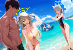 1boy 4girls ai_generated bare_thighs beach big_breasts bikini black_hair blue_archive blue_eyes cat_ears gigantic_breasts green_eyes hoshino_(blue_archive) huge_breasts huge_thighs kuromi_serika light-skinned_female light_skin massive_breasts muscular_male nero_(artist) nonomi_(blue_archive) nonomi_(swimsuit)_(blue_archive) one_eye_closed pink_hair ponytail sensei_(blue_archive) shiroko_(blue_archive) silver_hair squatting sweat sweatdrop thick_body thick_female thick_thighs thighs twin_tails voluptuous voluptuous_female