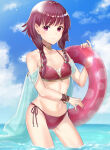1girl 1girl adapted_costume alluring bikini blush cleavage cloud cloudy_sky collarbone commentary_request day female_focus fire_emblem fire_emblem:_the_sacred_stones groin haru_(nakajou-28) high_res holding holding_swim_ring innertube intelligent_systems looking_at_viewer low_twintails lute_(fire_emblem) navel nintendo ocean purple_bikini purple_eyes purple_hair red_bikini sarong see-through_clothes short_hair side-tie_bikini_bottom sky small_breasts standing swim_ring swimsuit twin_tails wading water wristband