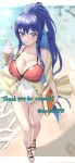 1girl 1girl alluring artist_name beach big_breasts blue_hair blurry blurry_background blush book braid cleavage closed_mouth commentary_request commission covered_navel english_text fire_emblem fire_emblem:_the_sacred_stones fire_emblem_heroes food full_body groin high_ponytail high_res holding holding_book holding_food holding_ice_cream ice_cream intelligent_systems long_hair nintendo ocean official_alternate_costume one-piece_bikini outside outside_border ponytail skeb_commission smile tana_(fire_emblem) tana_(noble_and_nimble)_(fire_emblem) tarutaru193 thank_you toes twin_braids walking