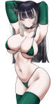 1girl armpits arms_behind_head arms_up bare_midriff black_hair blonde_hair choker cleavage elbow_gloves exhibitionism exhibitionist female_only high_res hololive hololive_japan huge_breasts juufuutei_raden long_hair micro_bikini navel nipple_bulge sakurein stockings two-tone_hair virtual_youtuber