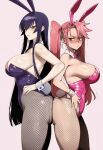 2_girls ai_generated ass black_hair blush breasts bunny_ears bunny_girl bunny_tail bunnysuit busujima_saeko embarrassed glasses highschool_of_the_dead huge_ass huge_breasts light-skinned_female light_skin long_hair pink_hair saeko_busujima saya_takagi sweat sweatdrop thick_thighs thighs trembling truck-kun_art tsundere twin_tails white_background yuri