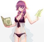 1girl 1girl alluring arcelle bikini black_bikini book cleavage closed_mouth female_focus fire_emblem fire_emblem:_the_sacred_stones fire_emblem_heroes high_res holding holding_book intelligent_systems long_hair lute_(fire_emblem) lute_(summer)_(fire_emblem) navel nintendo open_book purple_eyes purple_hair simple_background swimsuit white_background