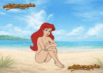 1girl 2026 ass blue_eyes breasts disney eyebrows eyelashes feet female_only jumping lipstick navel nipples nude nude_female princess_ariel pussy pussy_hair red_hair sitting the_little_mermaid toes vicdasu