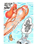 1girl ariel big_breasts breasts bubbles curvy dialogue disney female_focus humor joe_gravel nipples nude pubic_hair pussy red_hair sketch_card speech_bubble text the_little_mermaid underwater ursula water