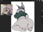 1girl anthro anus ass balls bombayeen_(artist) bottomless clothed clothing disney feet felid feline genitals high_res looking_at_viewer looking_back looking_back_at_viewer lynx male male_only mammal pawbert_lynxley paws sweater topwear zootopia