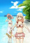 2_girls adapted_costume akke alluring beach bikini blonde_hair blue_eyes blue_hair bob_cut bracelet brown_eyes cleavage cloud day faye_(fire_emblem) fire_emblem fire_emblem_echoes:_shadows_of_valentia hand_on_headwear hat intelligent_systems jewelry long_hair low-tied_long_hair multiple_girls nintendo open_mouth outside sand short_hair silque_(fire_emblem) sky sun_hat swimsuit water
