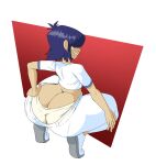 1girl 1girls ass ass_cleavage ass_crack bangs blue_hair butt_crack covered_eyes female_only gorillaz grin grinning high_res huge_ass human large_ass mrwastemaster noodle_(dare) noodle_(gorillaz) pale_skin sneakers squatting tan thick_thighs thighs underwear white_panties white_pants white_shirt white_underwear