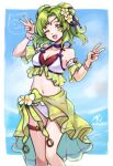 1girl alluring bikini bikini_skirt bracelet circlet cleavage cloud collarbone fire_emblem fire_emblem:_the_sacred_stones fire_emblem_heroes green_eyes green_hair hair_ornament high_res intelligent_systems jewelry l'arachel_(fire_emblem) l'arachel_(summer)_(fire_emblem) medium_breasts navel nintendo one_eye_closed rotomdocs see-through_clothes see-through_skirt skirt sommie_(fire_emblem) swimsuit thigh_strap twin_tails v water