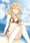 1girl alluring bikini braid brown_hair closed_eyes faye_(fire_emblem) fire_emblem fire_emblem_echoes:_shadows_of_valentia happy high_res intelligent_systems nintendo sitting smile swimsuit