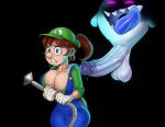 1boy 1girl 1girl 1girls big_breasts big_breasts big_tongue blue_eyes blue_tongue breasts brown_hair cap cleavage detnox dripping_penis female_only genderswap genderswap huge_cock hyper_penis king_boo large_penis luigi luigi's_mansion luigiette male mario_(series) new_super_mario_bros._u_deluxe nintendo open_mouth overalls penis simple_background sweatdrop thick_thighs wet_penis