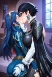 2_girls ai_generated armor ass ass_grab bayonetta bayonetta_(character) bedroom black_dress black_hair blue_hair blush breasts closed_eyes crossover female_only fire_emblem fire_emblem_awakening kissing long_hair lucina_(fire_emblem) multiple_females multiple_girls nintendo short_hair super_smash_bros. yuri