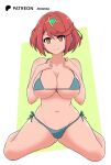 1girl alluring big_breasts bikini blue_bikini cleavage collarbone hands_on_own_chest headpiece looking_at_viewer micro_bikini momocka-art momocka_art navel nintendo orange_eyes pyra_(xenoblade) red_hair short_hair side-tie_bikini_bottom sitting smile swimsuit under_boob white_background xenoblade_(series) xenoblade_chronicles_2