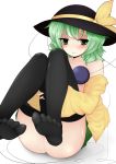 1girl bakko bare_shoulders black_legwear blush female green_eyes green_hair hat heart heart-shaped_pupils high_res highres komeiji_koishi leg_hug no_panties off_shoulder open_clothes open_shirt shirt short_hair simple_background sitting solo stockings symbol-shaped_pupils thighhighs third_eye touhou white_background