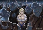 1girl 6+boys areola_slip arms_behind_back arms_tied arms_tied_behind_back bald bangs bare_shoulders big_breasts blonde_female blonde_hair blue_eyes blue_skin bondage breasts brown_clothing brown_lipstick cleavage closed_mouth collarbone elf elf_female expressionless femsub flook flook_(artist) half-closed_eyes holding_spear holding_weapon leash lips lipstick long_hair looking_at_viewer looking_to_the_side makeup maledom monster monster_boy multiple_boys neck off orc_(species) orc_male original original_character parted_bangs pointy_ears rope rope_bondage sharp_teeth slave sleeveless spear standing surrounded surrounded_by_men teeth thick_lips weapon white_eyes