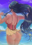 1girl alluring artist_name ass back bare_shoulders blue_eyes blue_hair braid commentary cowboy_shot english_commentary fire_emblem fire_emblem:_the_sacred_stones fire_emblem_heroes high_res intelligent_systems long_hair looking_away medium_breasts nintendo ocean official_alternate_costume one-piece_bikini partially_submerged ponytail revolverwing revolverwingstudios sideboob sleeveless swimsuit tana_(fire_emblem) tana_(noble_and_nimble)_(fire_emblem) thong very_long_hair