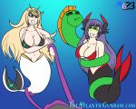 2girls angry black_sclera blonde_hair blue_background bra cleavage coils collarbone eyebrows_visible_through_hair female female_only femsub glowing_eyes gradient_background green_eyes happy_trance headdress horns huge_breasts jewelry long_hair megagundamman mermaid multiple_girls multiple_subs mythra_(xenoblade) navel nintendo poppi_qtpi_(xenoblade) purple_hair restrained sideboob simple_background smile tentacle underwater xenoblade_chronicles xenoblade_chronicles_2 yellow_eyes