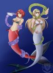 2girls arms_behind_back blonde_hair blue_background bra cleavage coils collarbone crossed_arms empty_eyes expressionless eyebrows_visible_through_hair female female_only femsub gradient_background headdress jewelry katsiika long_hair midriff multiple_girls multiple_subs mythra_(xenoblade) navel nintendo open_mouth pyra_(xenoblade) red_eyes red_hair restrained short_hair simple_background under_boob underwater xenoblade_(series) xenoblade_chronicles xenoblade_chronicles_2
