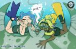 1boy 2girls big_man_(splatoon) clothed deep_cut_(splatoon) diving fellatio female frye_(splatoon) male manta_ray mask nintendo octoling patreon_request shiver_(splatoon) splatoon thearashi underwater