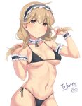 1girl alluring arm_garter bare_shoulders bikini black_bikini black_mutou blush braid brown_eyes brown_hair collarbone commission faye_(fire_emblem) fire_emblem fire_emblem_echoes:_shadows_of_valentia hair_ribbon intelligent_systems maid maid_bikini maid_headdress navel nintendo ribbon smile swimsuit unconventional_maid