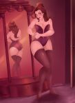 1girl alternate_costume ass back bangs bare_arms bare_back bare_shoulders beauty_and_the_beast beauty_and_the_beast_(1991_film) big_ass big_breasts black_leotard blush breasts brown_eyes brown_footwear brown_hair brown_legwear brown_lipstick brown_shoes brown_thighhighs cleavage closed_mouth collarbone disney disney_princess door female_only female_solo footwear freckles freckles_on_body freckles_on_breasts freckles_on_face full_body hair_bun half-closed_eyes head_tilt indoors knees_together_feet_apart legs legwear leotard lips lipstick long_hair makeup medium_breasts mirror naughty_face neck parted_bangs princess princess_belle ravenemore reflection shadow smile standing stockings straight_hair strapless strapless_leotard thighs tied_hair