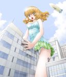 1girl barefoot blimp blonde_hair blue_eyes blue_hair blush breast_grab breasts building_sex city crotch_rub dirigible eichikei_(hakuto) feet giantess hat hina_ichigo masturbation open_clothes open_shirt panties pantyshot rozen_maiden rozen_maiden_traumend saliva short_hair skirt solo spread_legs through_panties twin_tails underwear upskirt white_panties wince wink