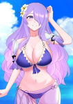 1girl 1girl alluring big_breasts bikini camilla_(fire_emblem) camilla_(tropical_beauty)_(fire_emblem) cleavage collarbone fire_emblem fire_emblem_fates fire_emblem_heroes fire_emblem_warriors flower gluteal_fold hair_flower hair_ornament hair_over_one_eye high_res intelligent_systems long_hair looking_at_viewer navel nintendo official_alternate_costume ondur purple_bikini purple_eyes purple_hair purple_sarong sarong see-through_clothes see-through_sarong smile swimsuit very_long_hair wavy_hair