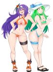 2_girls absurd_res alluring alternate_costume big_breasts bikini blue_bikini cameltoe cleavage commentary fire_emblem fire_emblem:_path_of_radiance fire_emblem:_radiant_dawn green_bikini green_eyes green_hair hat high_res intelligent_systems kyhsoren legs_apart legs_together long_hair mia_(fire_emblem) mia_(summer)_(fire_emblem) multicolored_bikini multiple_girls navel nephenee_(fire_emblem) nintendo orange_bikini purple_hair revealing_clothes sandals simple_background smile standing sun_hat surprised swimsuit teeth thigh_strap thong thong_bikini two-tone_bikini under_boob upper_teeth_only white_background
