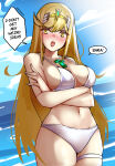 1340smile 1girl 1girl absurd_res alluring arms_under_breasts bikini blonde_hair blush chest_jewel core_crystal_(xenoblade) cowboy_shot english_text high_res long_hair mythra_(xenoblade) ocean romaji_text speech_bubble swimsuit tiara white_bikini xenoblade_(series) xenoblade_chronicles_2 yellow_eyes