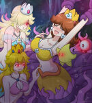 3girls big_breasts blonde_hair blush bra brown_hair cleavage cleavage_cutout closed_eyes coils collarbone crown earrings emblem female female_only femsub glowing_eyes hair_covering_one_eye happy_trance huge_breasts hypnotic_eyes laughing luma mermaid midriff multiple_girls multiple_subs navel navel_play nintendo open_mouth princess_daisy princess_peach princess_rosalina red_eyes resisting restrained see-through short_hair smile sub_on_sub super_mario_bros. tentacle tickling underwater wah-ngt