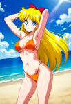 1girl accurate_art_style adult_swim alluring beach beautiful bikini bishoujo_senshi_sailor_moon bishoujo_senshi_sailor_moon_r bishoujo_senshi_sailor_moon_r_the_movie bishoujo_senshi_sailor_moon_s bishoujo_senshi_sailor_moon_s_the_movie bishoujo_senshi_sailor_moon_supers bishoujo_senshi_sailor_moon_supers_the_movie blonde_hair blue_eyes blue_sky cleavage cute insanely_hot minako_aino ocean orange_bikini pin_up posing toei_animation toonami wolf_(artist)