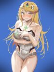 1girl 1girl alluring big_breasts blonde-haired_female blonde_female blonde_hair blonde_hair_female blush female_only mythra_(radiant_beach)_(xenoblade) mythra_(xenoblade) one-piece_bikini rokubanana swimsuit white_bikini white_one-piece_bikini xenoblade_(series) xenoblade_chronicles_2 yellow_eyes