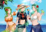 3_girls absurd_res alluring artist_name belt bikini brown_eyes cup drink elincia_ridell_crimea elincia_ridell_crimea_(summer) fire_emblem fire_emblem:_radiant_dawn flower green_eyes green_hair hair_flower hair_ornament hat hibiscus high_res holding holding_cup intelligent_systems jacket midriff multiple_girls navel nephenee_(fire_emblem) nintendo ocean open_clothes open_jacket scarf sigrun_(fire_emblem) sun_hat sunglasses swimsuit tamafry