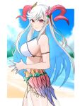1girl 1girl alluring bare_shoulders beach big_breasts bikini fire_emblem fire_emblem_heroes freyja_(fire_emblem) freyja_(summer)_(fire_emblem) from_side goat_horns high_res horns intelligent_systems long_hair looking_at_viewer nintendo ocean official_alternate_costume ondur own_hands_together parted_lips red_eyes sideboob swimsuit very_long_hair white_hair