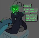 1girl big_breasts boobs_focus dark_body facesitting green_eyes green_pussy green_tits microphone pussy_focus pussylicking roblox tail tits_focus tv_head vee_(dandy's_world) y/n