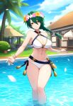 1girl accurate_art_style alluring athletic_female big_breasts brown_eyes female_abs fire_emblem fit_female intelligent_systems nicado nintendo pin_up swimming_pool teal_hair thorr_(fire_emblem)