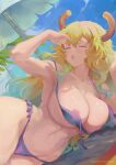 1girl aurizerozero beach big_breasts bikini blonde_hair bubble_butt cleavage green_eyes horny inviting_to_sex kobayashi-san_chi_no_maidragon laying laying_down lucoa lucoa_(maidragon) miss_kobayashi's_dragon_maid pose purple_eyes quetzalcoatl_(dragon_maid) swimsuit teasing thick_thighs
