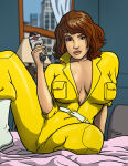 1girl april_o'neil april_o'neil_(tmnt_1987) arm_behind_back bed belt big_breasts breasts brown_hair city cityscape closed_mouth collarbone day female_only female_solo green_eyes hand_up holding holding_microphone holding_object indoors lips lipstick looking_at_viewer makeup microphone naughty_face nickelodeon on_bed pink_lipstick reporter short_hair sitting sitting_on_bed smile taynorhook teenage_mutant_ninja_turtles teenage_mutant_ninja_turtles_(1987) thick_eyebrows thick_lips tmnt tmnt_1987 white_belt window yellow_clothing