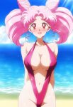 1girl 1girl adult_swim aged_up alluring bare_legs beach big_breasts bikini bishoujo_senshi_sailor_moon bishoujo_senshi_sailor_moon_r bishoujo_senshi_sailor_moon_r_the_movie bishoujo_senshi_sailor_moon_s bishoujo_senshi_sailor_moon_s_the_movie bishoujo_senshi_sailor_moon_supers bishoujo_senshi_sailor_moon_supers_the_movie blue_sky blush chibi_usa cleavage hands_behind_back magenta_eyes nervous ocean pink_hair sepia_tone_(artist) sling_bikini toei_animation toonami twin_tails