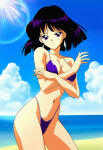 1girl adult_swim alluring beach bikini bishoujo_senshi_sailor_moon bishoujo_senshi_sailor_moon_s bishoujo_senshi_sailor_moon_supers black_hair blue_eyes hotaru_tomoe in_water medium_breasts ocean posing purple_bikini purple_eyes toei_animation toonami viz_media wolf_(artist)