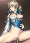  absurd_res anger_vein blonde_hair blush breasts brown_eyes censored cowgirl_position cum cum_inside erect_nipples girl_on_top high_res kansuke nipples penis ponytail pussy sex shin_sangoku_musou shin_sangoku_musou_6 spread_legs straddle sweat wang_yuanji 